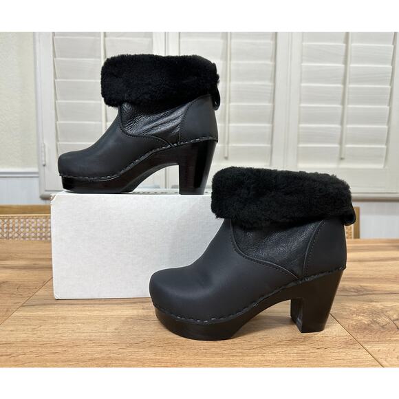 No. 6 Store Pull On Shearling Clog Booties Black Leather Size 5 US 35 EU NIB - Picture 2 of 13
